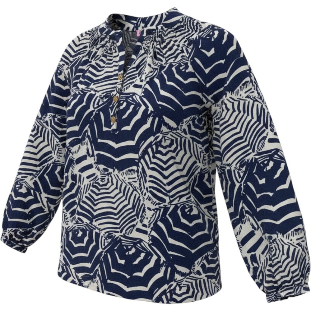Lilly Pulitzer Elsa Blouse Womens XS Navy White Umbrella Print Smocked Tunic